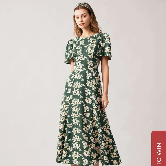 SIZE LARGE The Green Round Neck Short Sleeve Floral Midi Dress - Picture 2 of 4